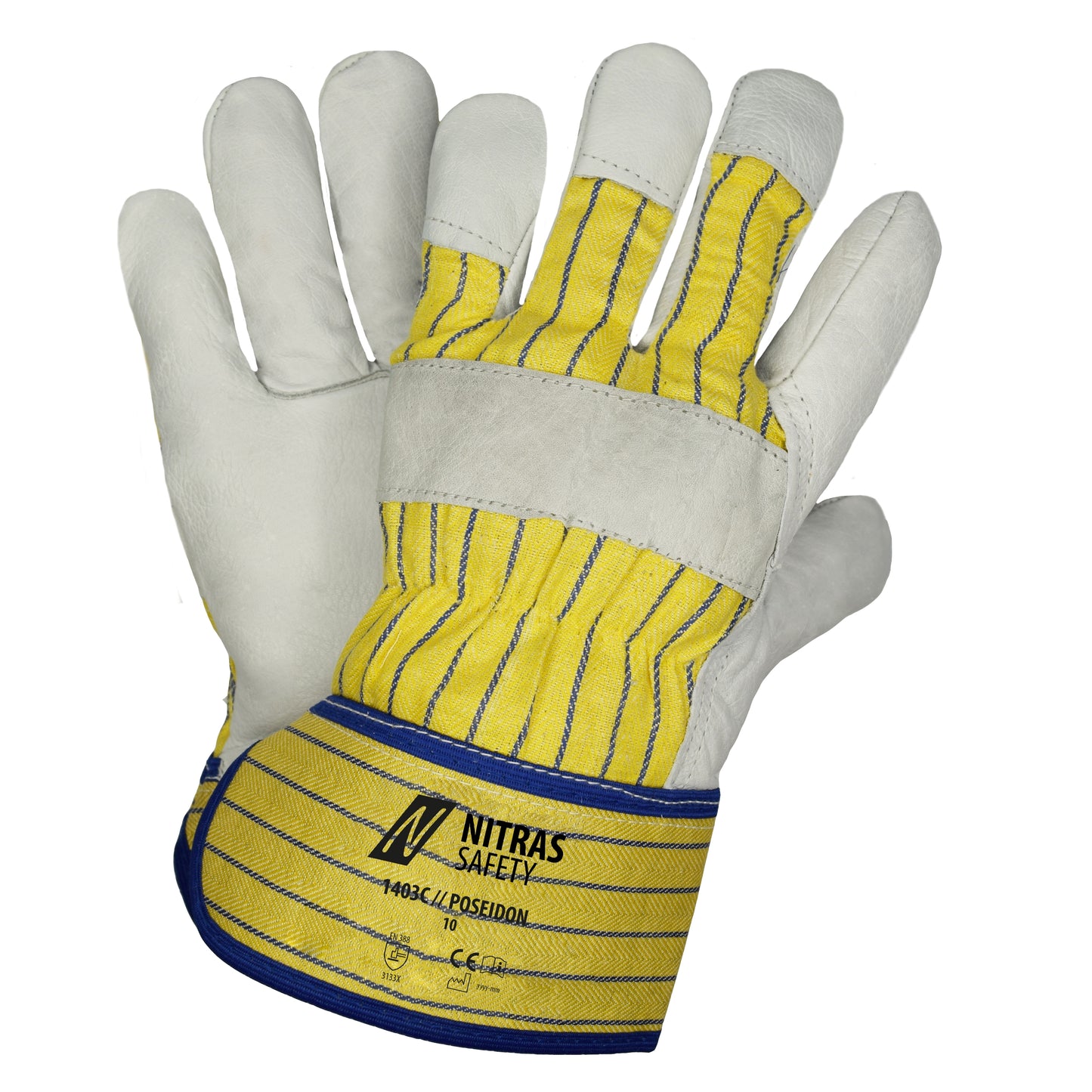 NITRAS POSEIDON, full-grain cowhide gloves, yellow / blue stripes / gray, EN 388 cotton | Pack (12 pairs)