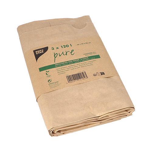 Ein gefalteter Stapel PAPSTAR Abfallsäcke aus Papier 120 l, 2-lagig, braun "pure" (3 Stück) der PAPSTAR GmbH, umwickelt mit einer Papierbanderole mit Produktinformation, "3 x 120 Liter" und Umweltzeichen.