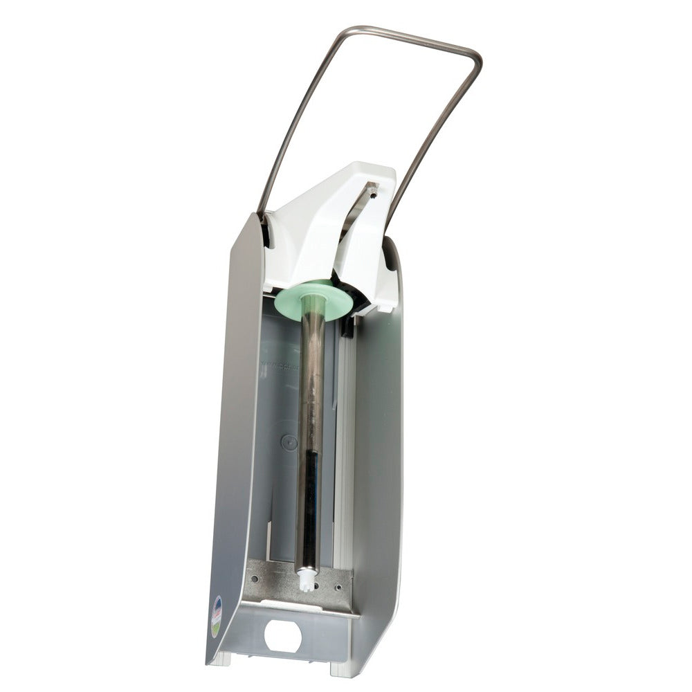 The Soft Care Man Dispenser Aluminum from Diversey Deutschland GmbH & Co. OHG is a wall-mounted dispenser with a long metal lever and a visible refill container, compatible with 1L Euro bottles.
