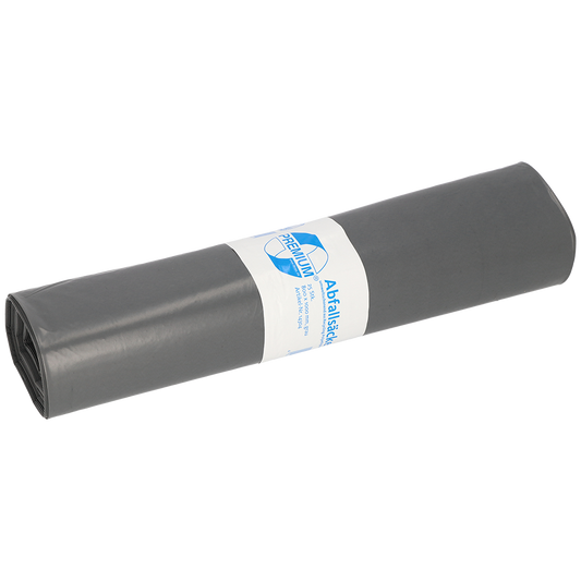 Abgebildet ist eine Rolle EMIL DEISS KG (GmbH + Co.) DEISS 14304 - 800x1000 mm Typ 70 grau | Rolle (25 Stück) Müllsäcke auf weißem Hintergrund, umwickelt mit einem weißen Etikett mit blauem Text und Grafik.