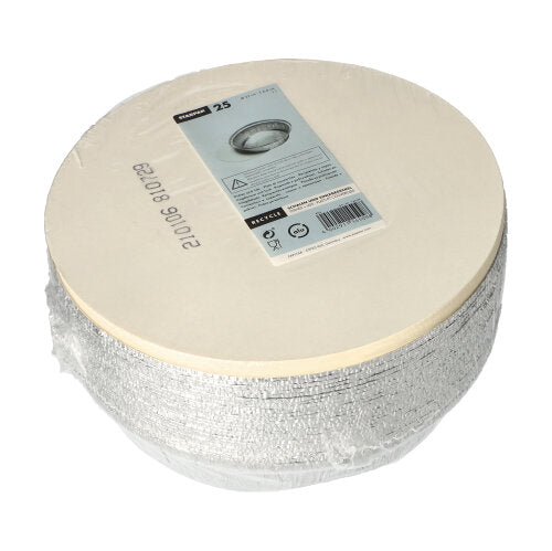 A stack of round, silver Starpak 25 trays, aluminum + insert lid is wrapped in plastic and labeled with a beige tag and a barcode, making them ideal for catering or take-away services by Starpak.