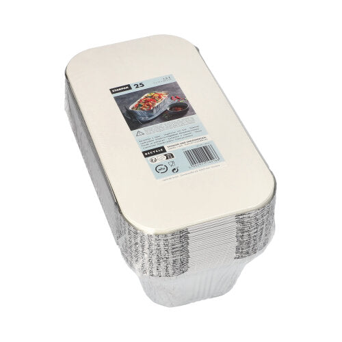 A pack of 25 Starpak aluminum baking molds with PP-coated insert lid features a label with product information and an image of baked goods, ideal for catering or take-away.