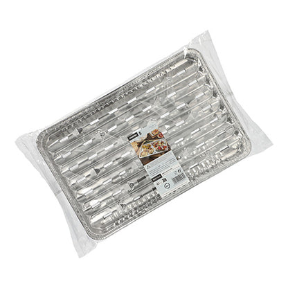 A pack of Starpak 5 grill trays, aluminum, wrapped in clear plastic foil - rectangular disposable grill trays made of aluminum with a top label with grilling instructions and pictures, ideal for your next barbecue party.