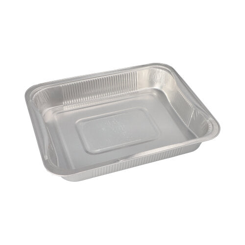 Der Starpak 3 Gastronorm-Behälter ist eine rechteckige Einwegschale aus Aluminium (3,4 l, 5 x 26,2 x 32,2 cm), ideal zur Aufbewahrung von Lebensmitteln oder als GN-Behälter. Abbildung leer vor weißem Hintergrund. 3er-Pack in Schrumpffolie.