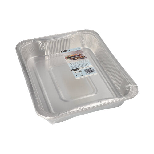 Eine Packung mit 3 rechteckigen Starpak-Gastronormbehältern aus Aluminium (3,4 l, 5 x 26,2 x 32,2 cm), gestapelt und in Schrumpffolie mit einem oberen Etikett eingewickelt.