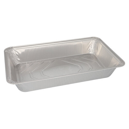 Ein rechteckiger Starpak 3 Gastronorm-Behälter, eine Einweg-Backform aus Aluminium (8,5 l, 8 cm x 32,6 cm x 52,7 cm), leer mit erhöhten Rändern und flachem Boden vor einem schlichten weißen Hintergrund.