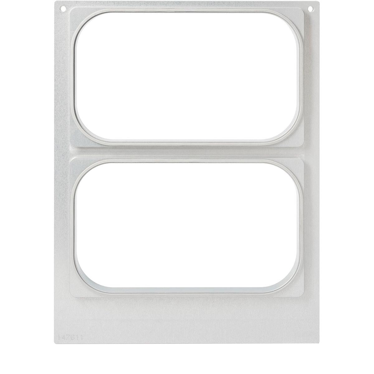 The Duni GmbH cassette DF15/25 for PP 1/4 GN trays (265x161 mm, 2-slot) is a metal plate with two central, rounded rectangular cutouts and small corner holes for fastening - ideal for food storage in gastronomy. Package: 1 piece.