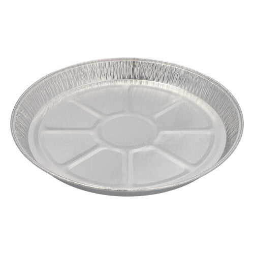 The Starpak 25 round molds, aluminum round is a round, flat cake mold made of aluminum with a slightly raised edge and segmented bottom, ideal for baking; depicted on a plain white background.