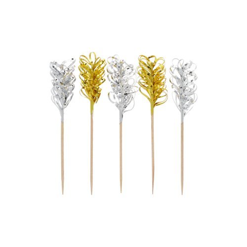The PAPSTAR "Frills" Decorative Picks, gold/silver (10.5 cm, 30 pieces) from the PAPSTAR GmbH are adorned with festive gold and silver metallic glitter—ideal as party accessories or table decorations for celebrations, shown against a simple white background.