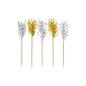 The PAPSTAR "Frills" Decorative Picks, gold/silver (10.5 cm, 30 pieces) from the PAPSTAR GmbH are adorned with festive gold and silver metallic glitter—ideal as party accessories or table decorations for celebrations, shown against a simple white background.