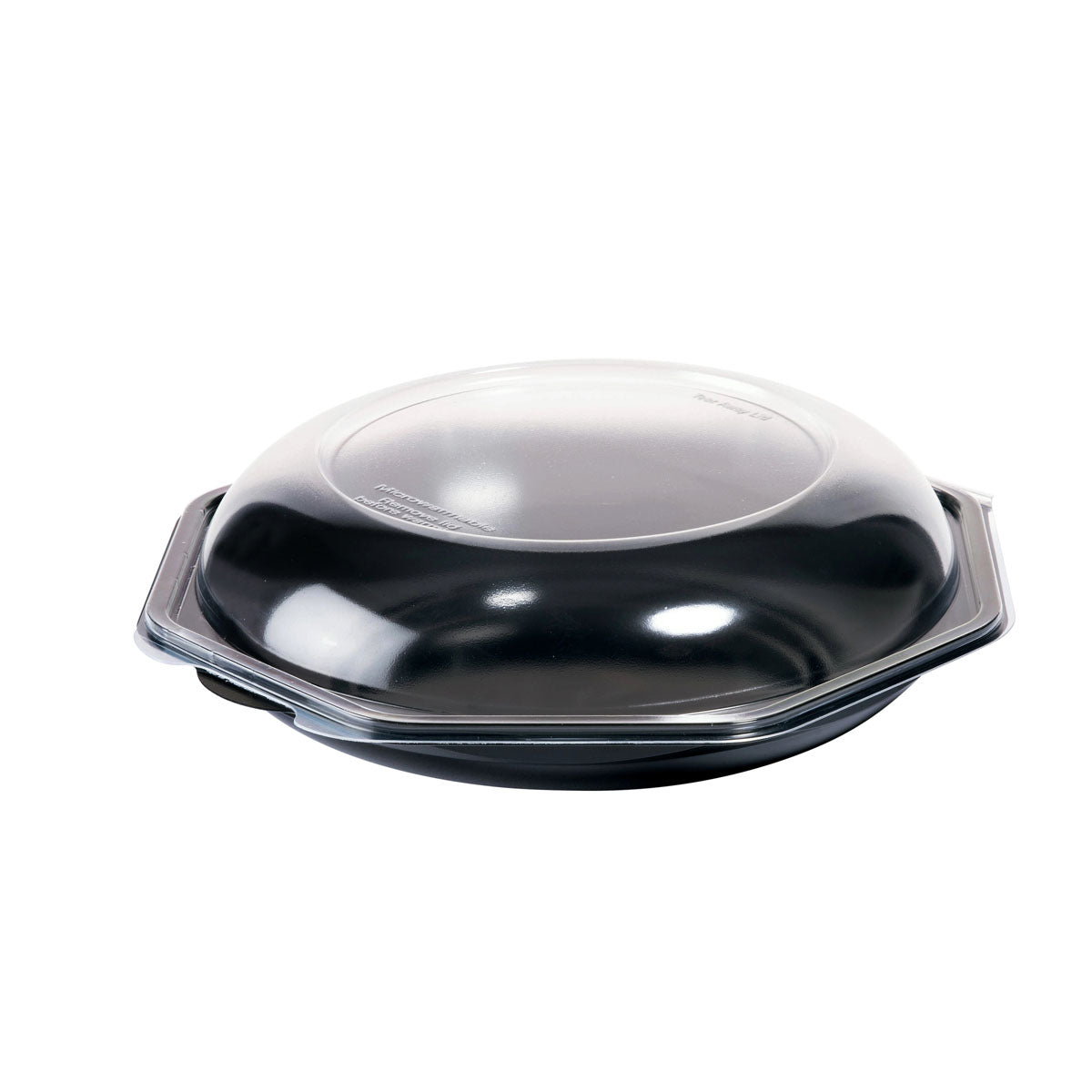 The Octabowl® Black/Transparent (230x230x72 mm) from Duni GmbH is a versatile black polystyrene bowl with a clear domed lid, shown closed on a white background. Package: 170 pieces.