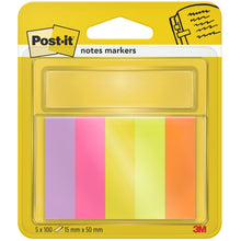 Eine Packung Post-it® Page Marker (3M Deutschland GmbH), 5 Blöcke in verschiedenen Farben (15 x 50 mm, 100 Blatt/Block), PEFC-zertifiziert, SGSCH-PEFC-COC-110078, in einer transparenten Kunststoffhülle mit gelber und weißer Rückseite.