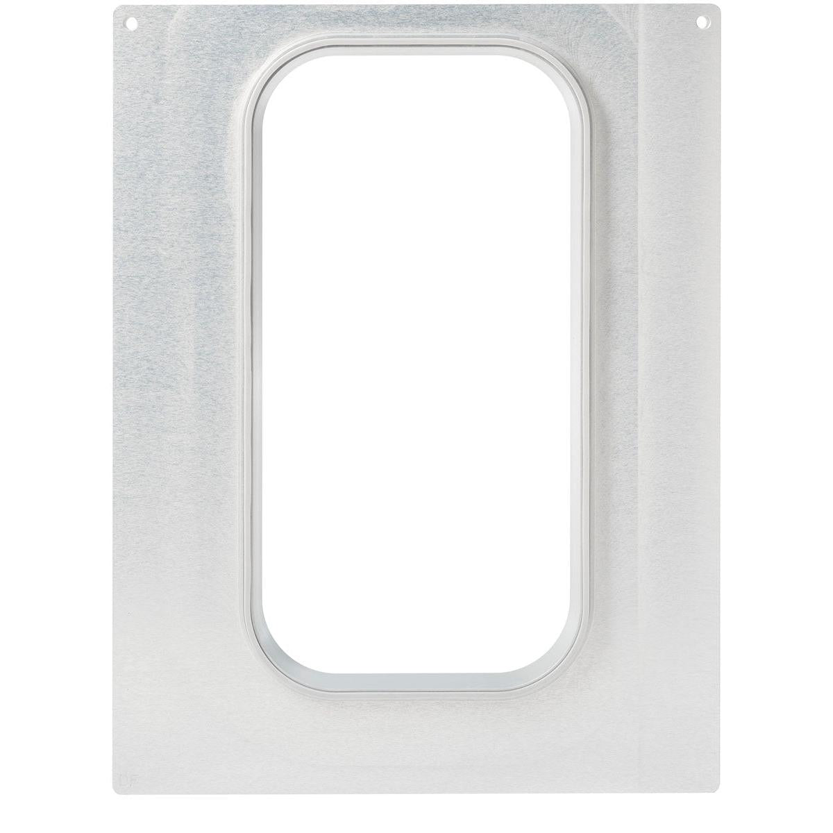 A rectangular metal plate from Duni GmbH with a central round cutout and four corner holes, ideal as a DF15/25 cassette for CPET trays 2400 ml - 1/3 GN size for gastronomy catering.