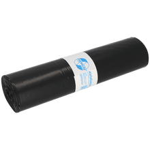 Pictured is a roll of EMIL DEISS KG (GmbH + Co.) DEISS 15004 black garbage bags, 700x1100x0.06 mm, 25 pieces, with a white-blue label in the middle, on a white background.