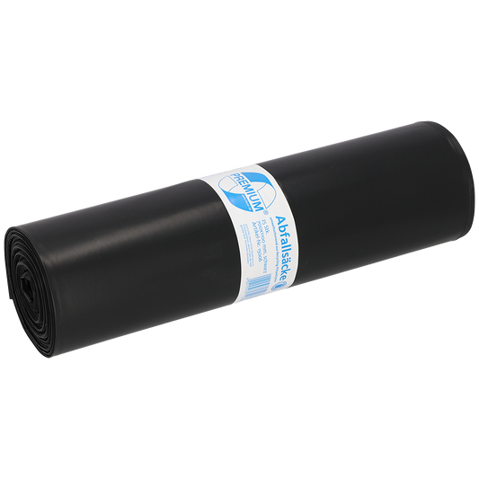 Eine aufgerollte EMIL DEISS KG (GmbH + Co.) Mülltüte mit der Aufschrift "DEISS 15006 - 700x1100 mm Typ 100 schwarz | Rolle (25 Stück)" mit einem weiß-blauen Band in der Mitte, auf weißem Hintergrund.