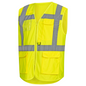 A bright yellow NITRAS high-visibility vest from AS Arbeitsschutz GmbH with reflective shoulder stripes and carbon thread for better visibility. The vest has a zipper on the front and several pockets, including transparent and flap-covered pockets, for additional utility.
