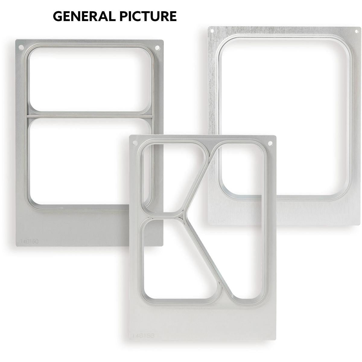 Three rectangular metal plates, including a Duni GmbH cassette DF15/25 for APET tray 1150 ml - 3-use, stable (1 piece), with various cutouts are depicted side by side on a white background. At the top appears "GENERAL IMAGE".