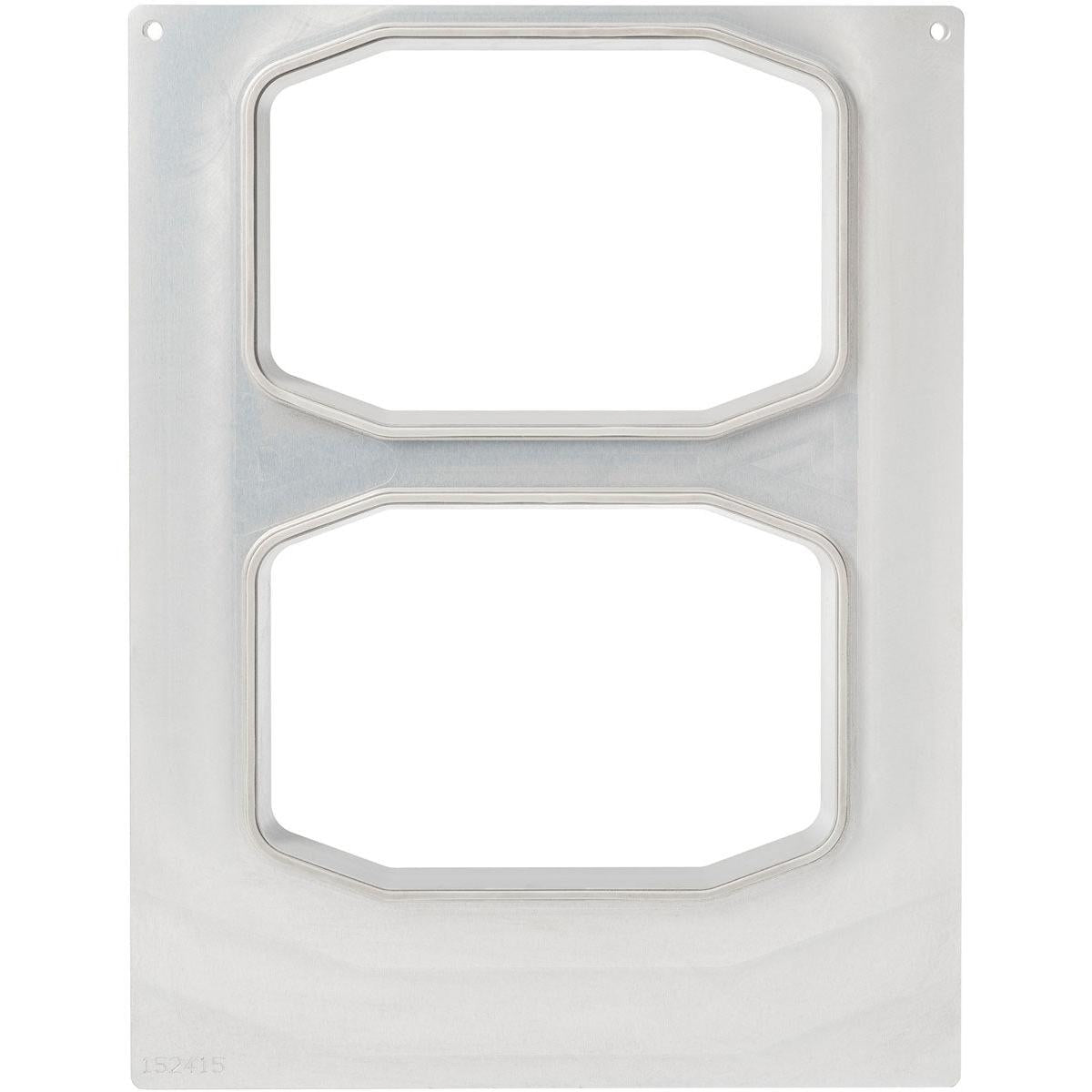 A rectangular metal plate with two large, vertically oriented octagonal cutouts and holes in the upper corners, designed for mounting the Duni GmbH cassette DF15/25 for PP tray HMR 840-1395 ml - 2-use system.