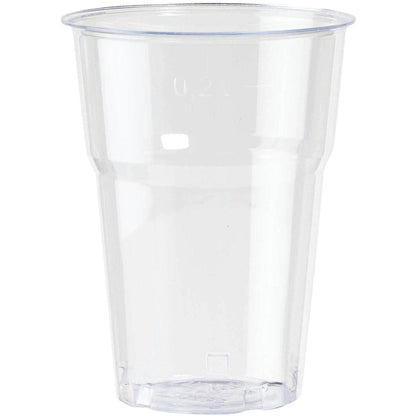 A clear, empty glass Trend Transparent PS cup by Duni GmbH stands upright on a white background and impresses with its modern design featuring a slightly conical shape and flat rim.