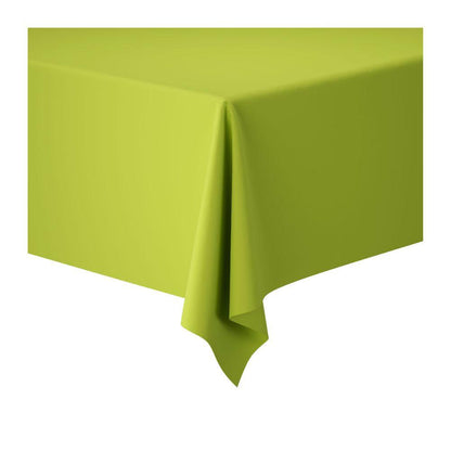 Ein rechteckiger Tisch, der mit einer Dunicel-Tischdeckenrolle (1,18 m x 10 m) der Duni GmbH bedeckt ist, deren hellgrüner Stoff glatt herabhängt – perfekt für Hochzeiten oder festliche Zusammenkünfte.