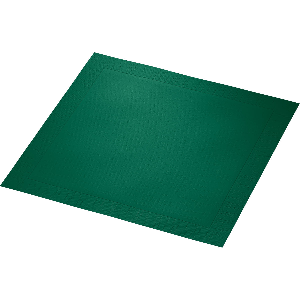 Ein quadratisches, dunkelgrünes 40 x 40 cm großes Tischset aus Papier mit dezent geprägtem Rand, abgebildet auf Weiß. Ideal zum Kombinieren mit den Klassikservietten 40 x 40 cm 4lagig, geprägt 1/4 Falz Servietten von Duni GmbH für ein elegantes Tischbild.