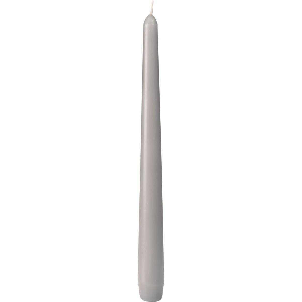 An unlit gray Duni GmbH taper candle (250 x 22 mm, approx. 7h burn time) with a smooth surface and pointed tip stands upright against a white background.