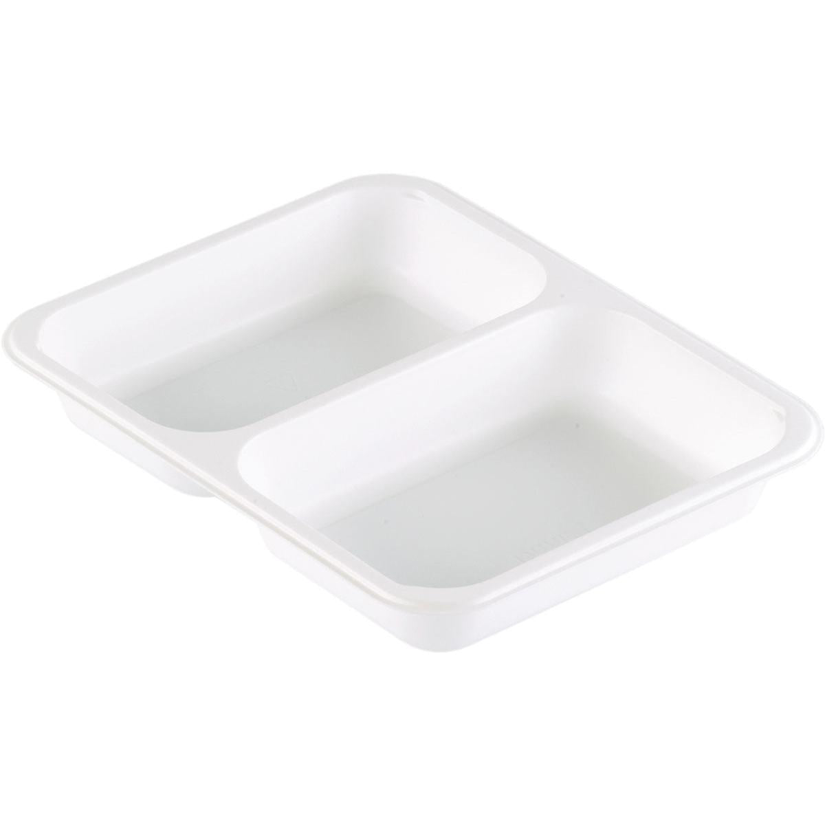 The Duni GmbH PP bowl Caterline 2 White PP 227x178 is a white rectangular food bowl with two compartments, perfect for organized food presentation as catering tableware.