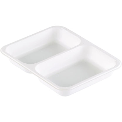 The Duni GmbH PP bowl Caterline 2 White PP 227x178 is a white rectangular food bowl with two compartments, perfect for organized food presentation as catering tableware.