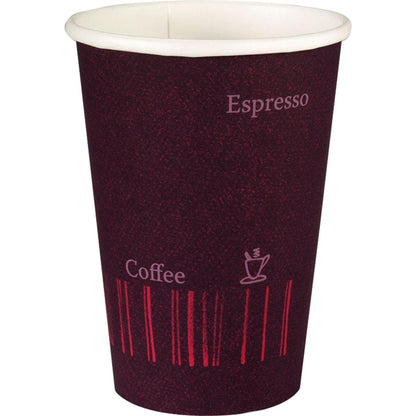 The Duni GmbH cups "COFFEE QUICK" PAP/PE cups (50 pieces) have a dark red and black design with "Espresso", "Coffee", a cup symbol, and vertical lines - ideal as a leak-proof coffee to go cup.