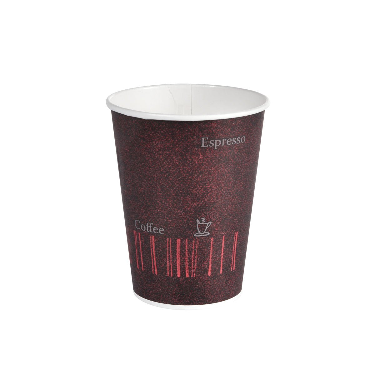 The Duni GmbH Coffee Quick Printed PAP/PE cup (pack of 50 pieces) features a dark, textured design with "Espresso", "Coffee", and a cup symbol. The empty coffee-to-go cup stands on a plain white background.