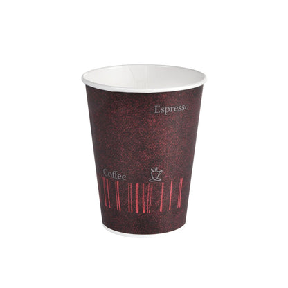 The Duni GmbH Coffee Quick Printed PAP/PE cup (pack of 50 pieces) features a dark, textured design with "Espresso", "Coffee", and a cup symbol. The empty coffee-to-go cup stands on a plain white background.