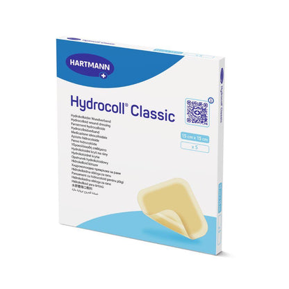 Eine Box Hartmann Hydrocoll Classic Verband steril, 15x15 cm, 5 sterile, einzeln eingesiegelte Verbände der Paul Hartmann AG. Unterstützt feuchte Wundbehandlung zur Granulation/Epithelisierung; inklusive mehrsprachiger Verpackung mit Bild.
