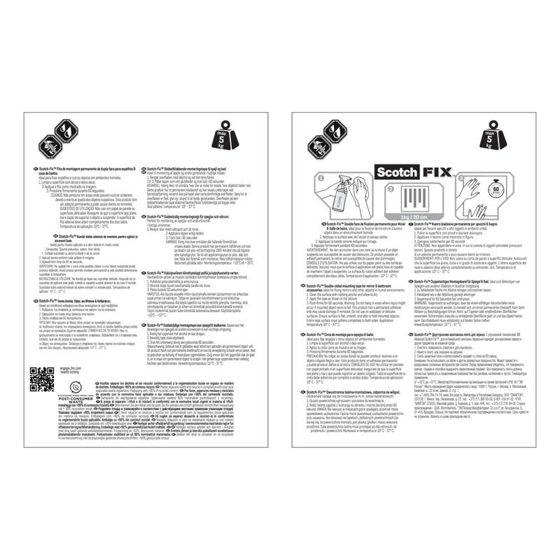 Two instruction sheets for the Scotch-FIX™ Mirror Mounting Tape 4496W from 3M Deutschland GmbH contain weight symbols, step-by-step illustrations, and multilingual columns with guidelines for safe mirror mounting.