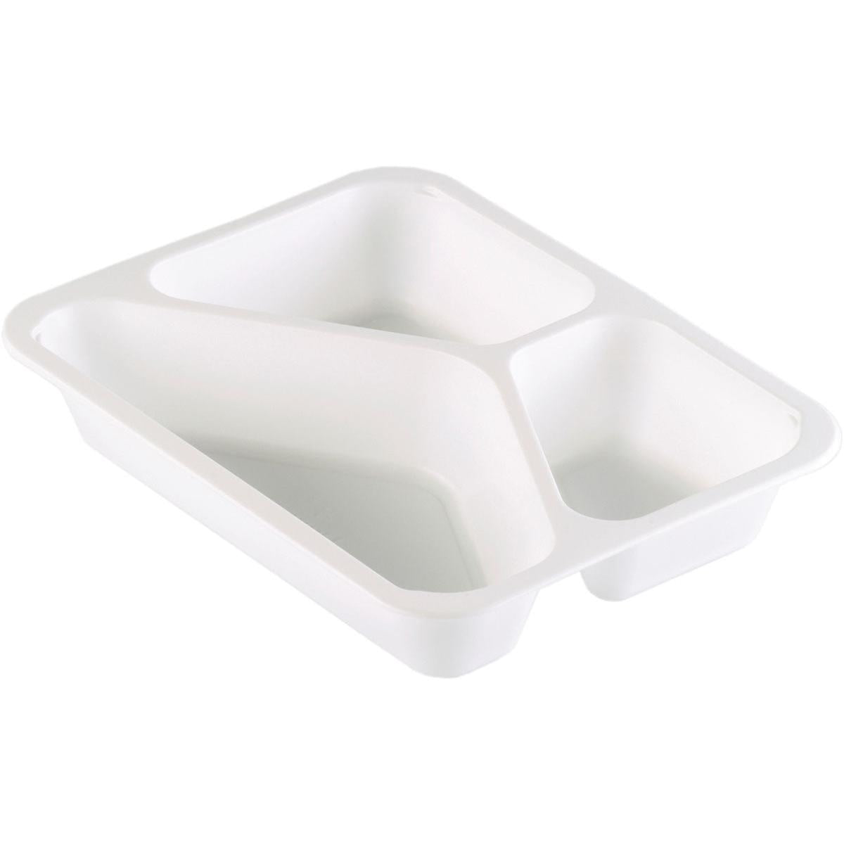 The Duni GmbH PP tray Caterline 3 White PP 227x178, a white, three-part tray, is ideal catering dishware for organized food presentation.