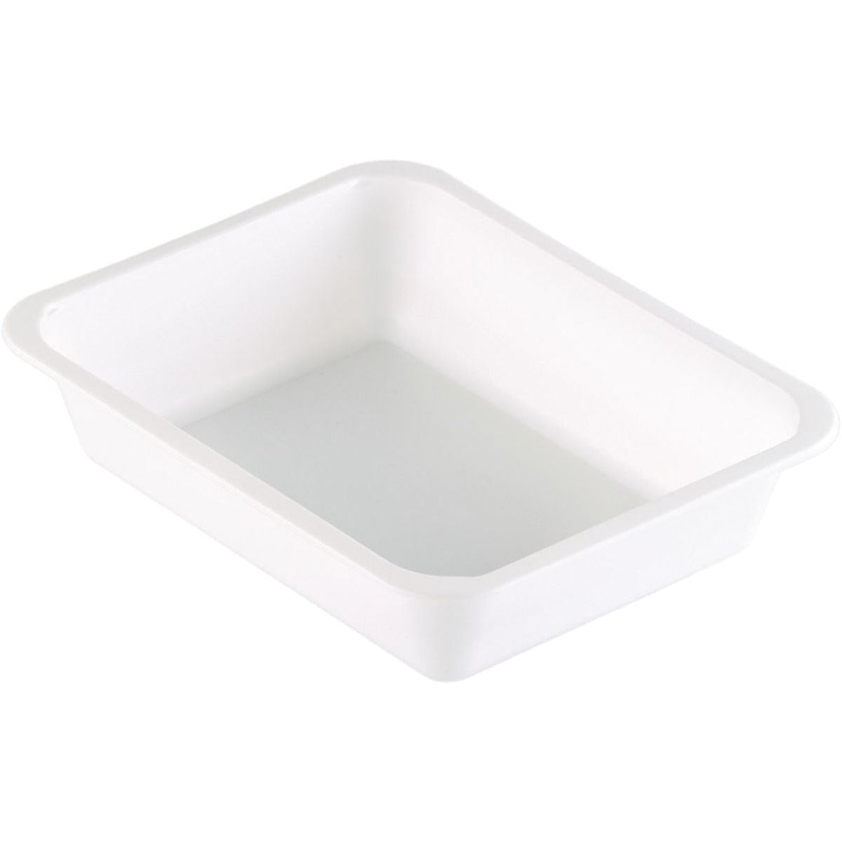 The Duni GmbH PP bowl Caterline 1 White PP 227x178 is a rectangular, white tray with slightly rounded corners and flat sides, designed for catering needs and depicted on a plain white background.
