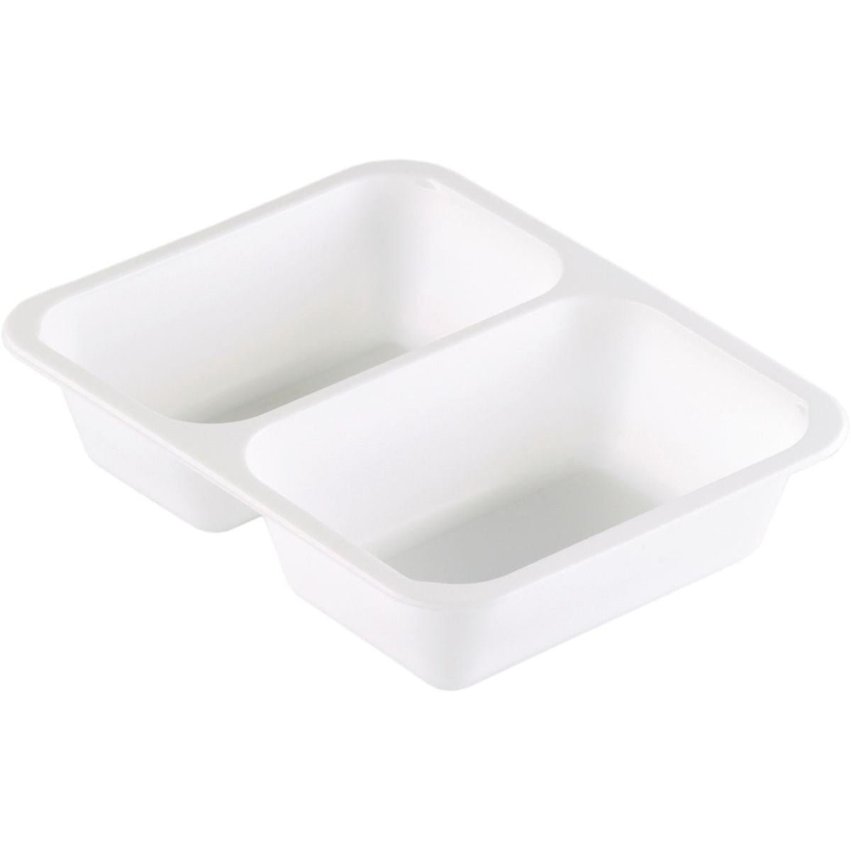 The Duni GmbH PP bowl Caterline 2 White PP 227x178 has two rectangular compartments, rounded corners, and a white finish - ideal empty catering tableware for professional catering, shown here angled.