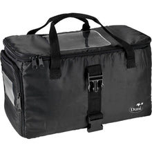 The Duni GmbH Thermal Bag 1 Black Nylon 420x200x260 features two carrying handles, a buckle on the front, a double zipper on top, and a transparent ID pocket. Ideal as a food transport insulated bag. "Duni" is printed in white on the front bottom right.