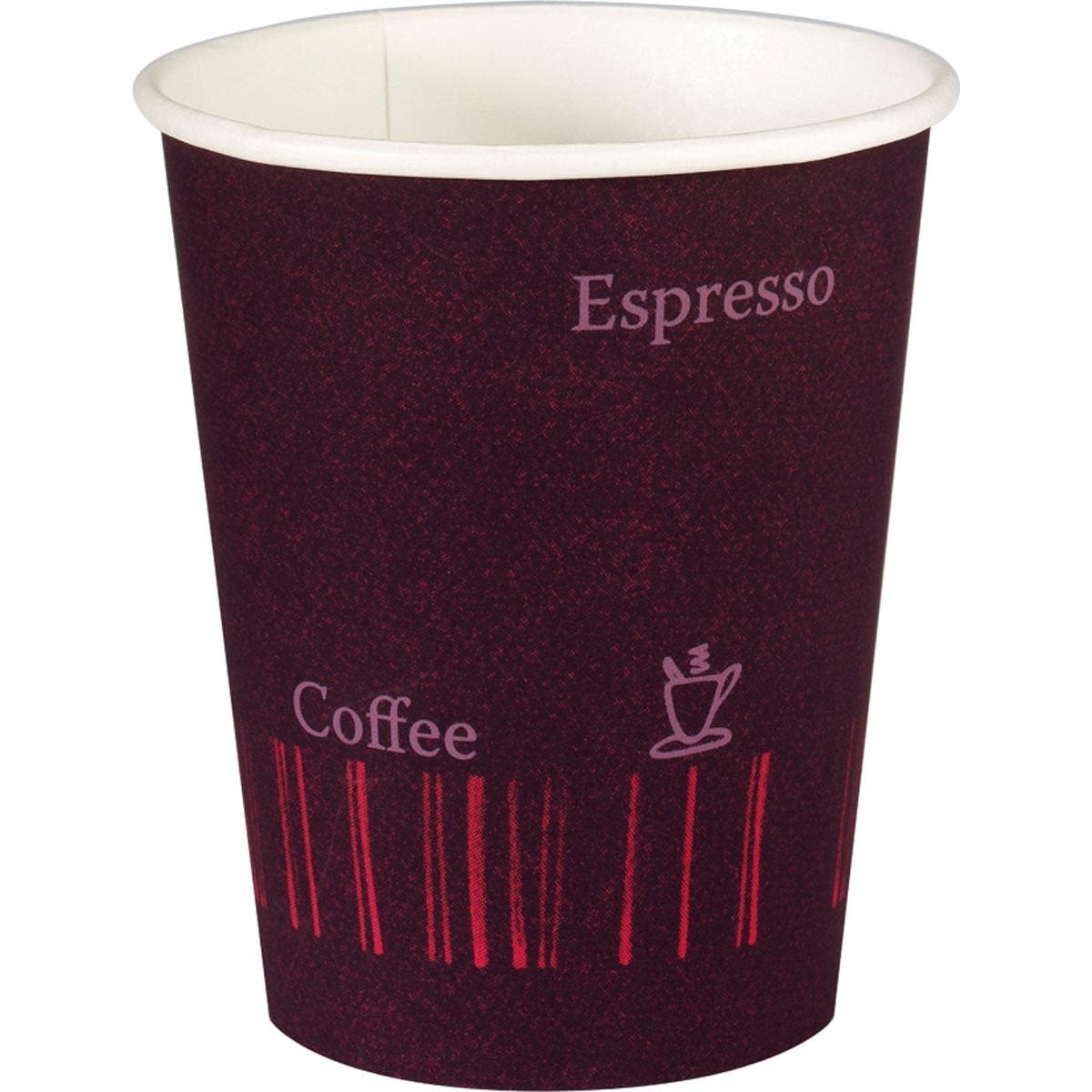 The Duni GmbH cups "COFFEE QUICK" Printed PAP/PE (50 pieces) are small, leak-proof disposable cups in a chestnut coffee design - ideal for coffee to go moments.