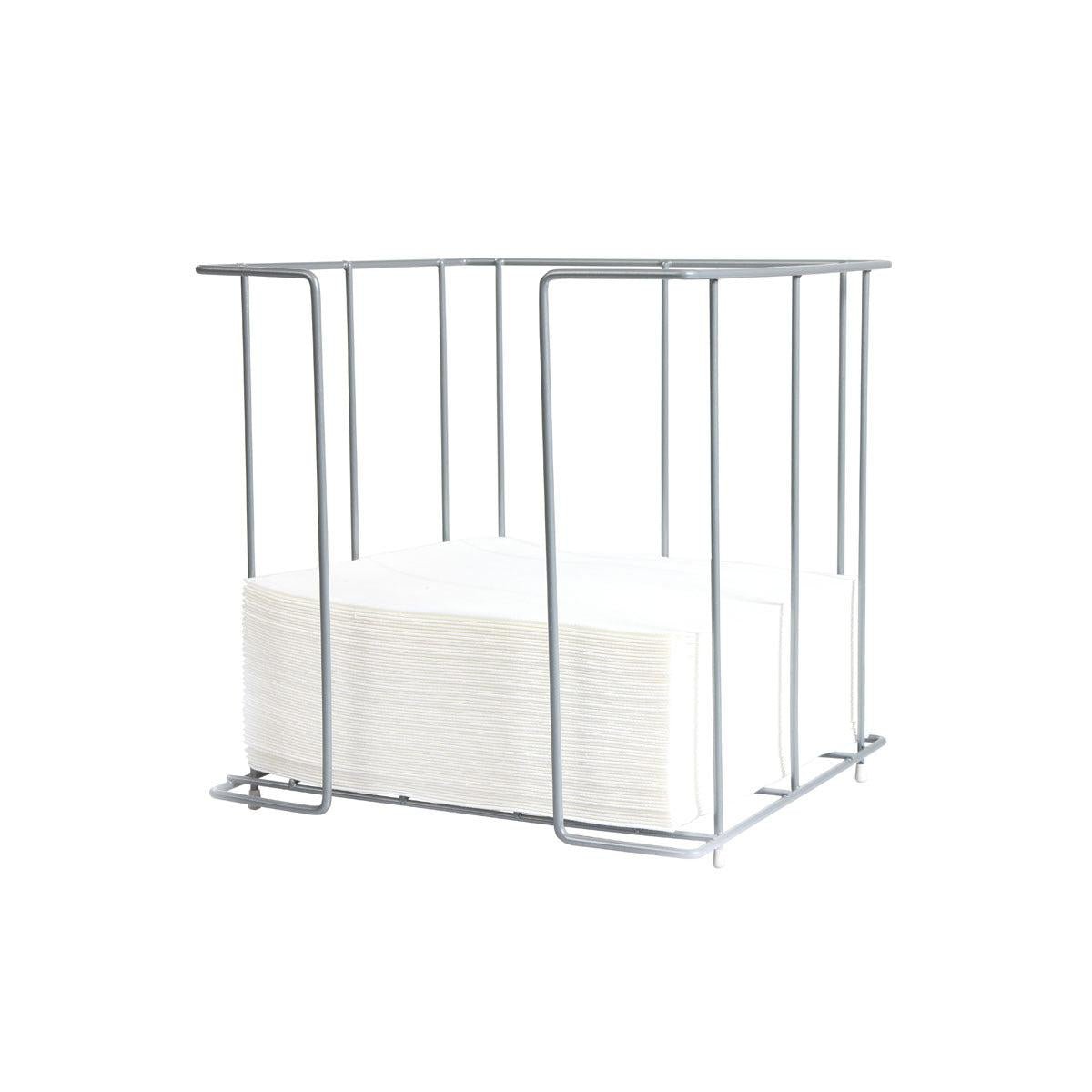 Is sealbhóir sreinge miotail chrome praiticiúil agus galánta é an dáileoir searbhónta miotail 40 cm 1/4F ó Duni GmbH, atá oscailte ar gach taobh, le barraí ingearacha i bhfoirm dronuilleogach, ina bhfuil carn de shéarbóntaí páipéir bhána.