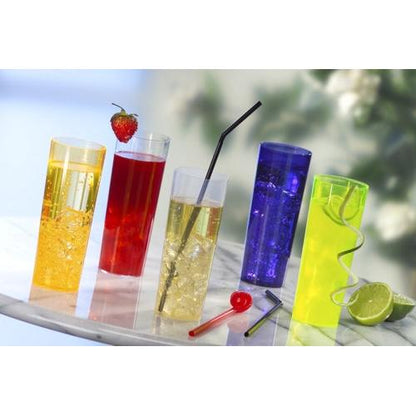 Five colorful long drinks are placed in Starpak 10 reusable glasses for long drinks by Starpak on a round marble table: yellow, red, light yellow with a black straw, blue, and neon green with lime garnish – plus a strawberry with a swirled straw.