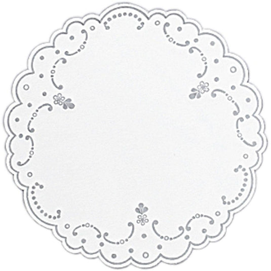 The Dunicel doily 19 cm with silver print from Duni GmbH is an elegant, round table decoration with a floral border pattern - ideal as a stylish hospitality coaster for your table. The package contains 250 pieces.