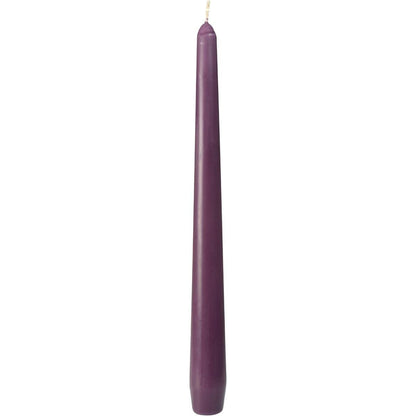 A single unlit violet taper candle from Duni GmbH (approx. 7h, 250 x 22 mm) with a visible wick stands upright against a white background.
