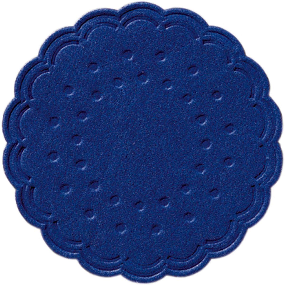 A round, dark blue coaster (Ø 7.5 cm) from Duni GmbH with a wavy edge and dot pattern, shown from above on a white background. Available as an 8-piece set or as a 250-pack for drinks.