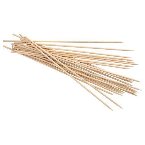 A set of PAPSTAR wooden skewers "pure" (Ø 5 mm, 40 cm, 200 pieces) from PAPSTAR GmbH is depicted in a random stack on a white background, with the light brown skewers having pointed ends.