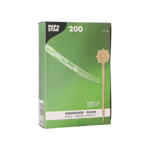 Tá bosca glas na PAPSTAR GmbH piocadán bia méar "Roth stiúrtha" 9 cm (200 píosa) ar thráidire páipéir le piocadán agus sonraí táirge ar an bpacáistiú - foirfe do chóisirí.