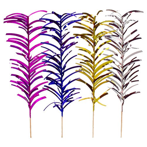 The decoration pick PAPSTAR 100 from PAPSTAR GmbH presents metallic palm leaves in pink, blue, gold, and silver with thin stems and a shiny surface – ideal for stylish buffet presentations. Arranged on a white background.