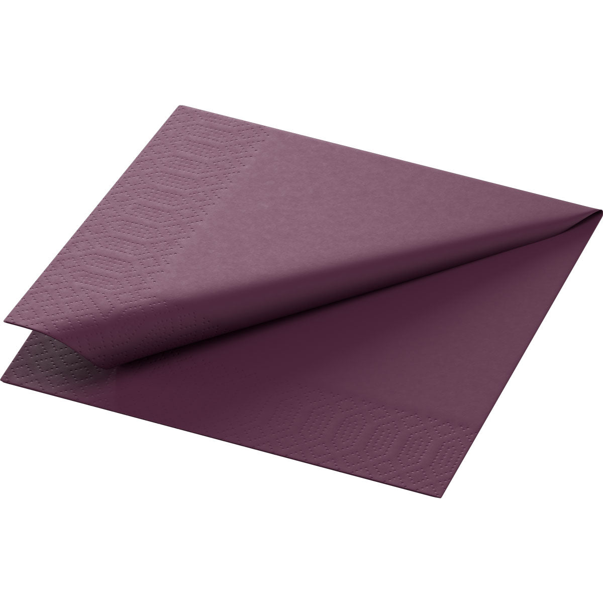 A folded, dark purple Duni GmbH cellulose napkin 24x24 cm, 3-ply, soft napkin from a pack of 250 pieces lies flat and shows embossed border patterns.