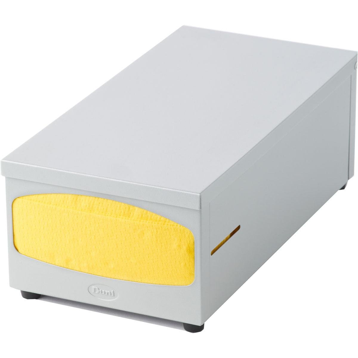 The Duni GmbH metal napkin dispenser for 33x33 cm in stone gray is a rectangular, modern dispenser with a yellow paper towel partially visible through the front opening - perfect for adding style and function to any room.