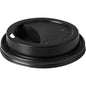 The lid for 159922 Black PS from Duni GmbH (pack of 100 pieces) has a raised edge, a small drinking opening, and an embossed warning for hot contents.