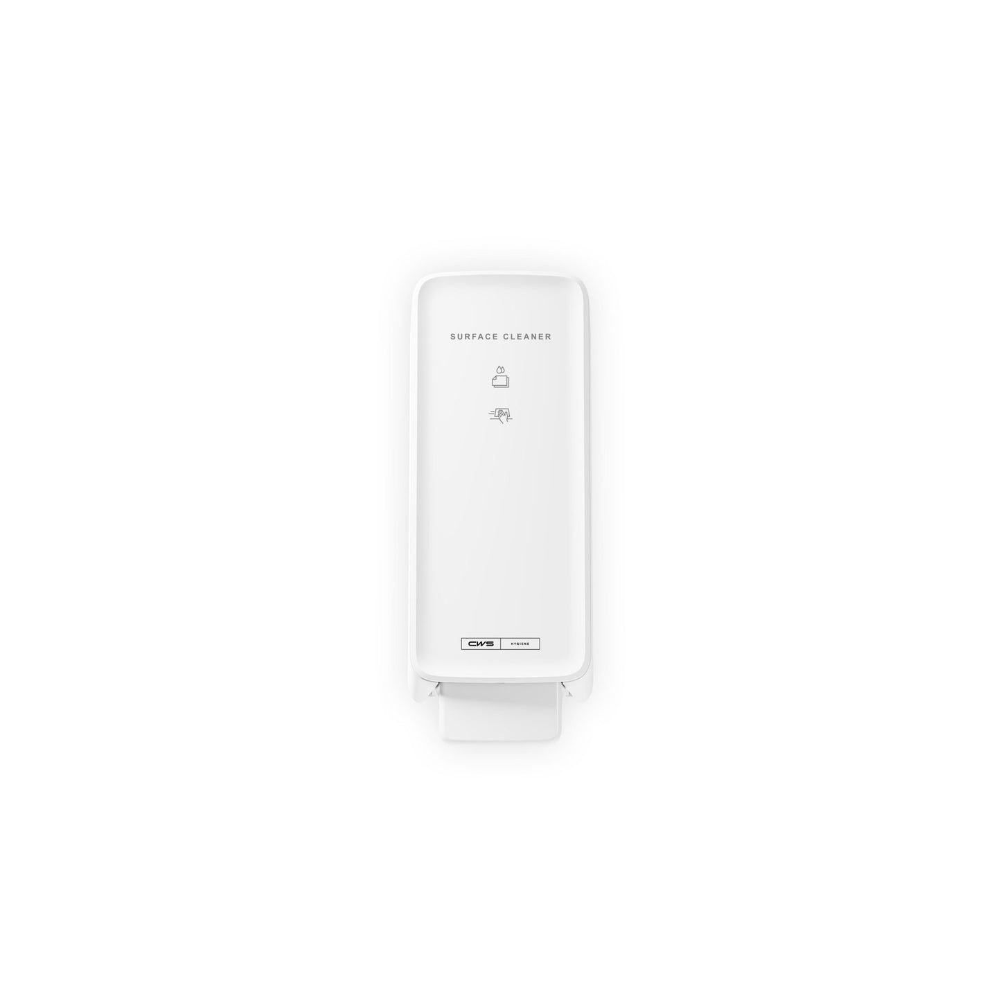 A white CWS PureLine Surface Cleaner | Pack (1 piece) wall dispenser with clear pictograms and "Surface Cleaner" text from CWS, photographed against a simple background for effective cleaning and hygienic surface.